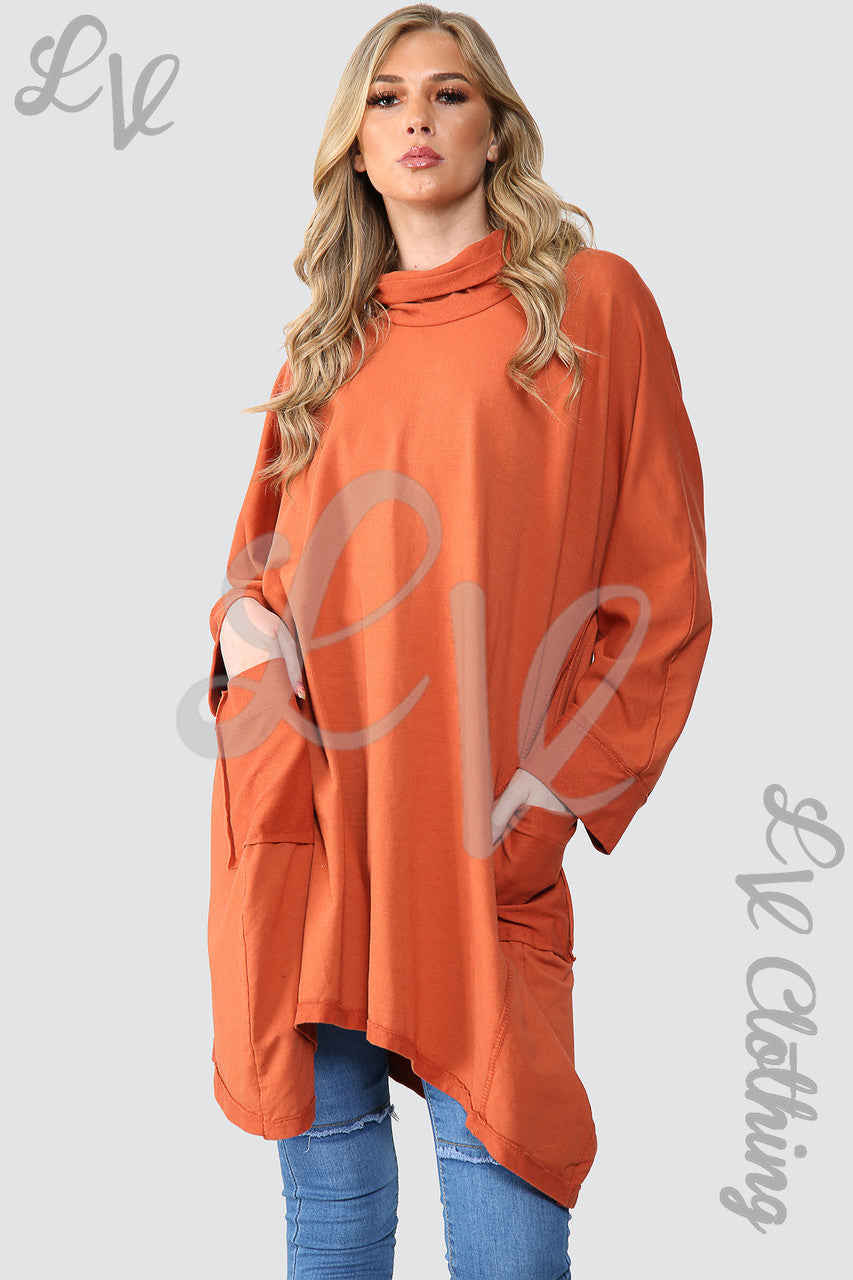 Dames Effen Coltrui Oversized Tuniektop Roestkleurig - Eenheidsprijs £13,99