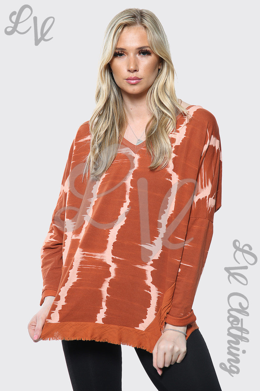 Ladies Tie Dye Print V Neck Oversized Top Rust Unit Price £11.99