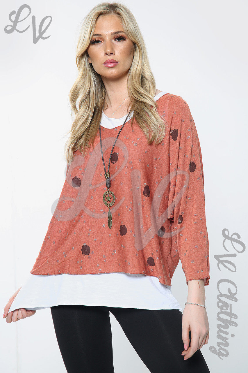 Dames top met dubbele laag, stippenprint en halsketting roest Eenheidsprijs € 11,99