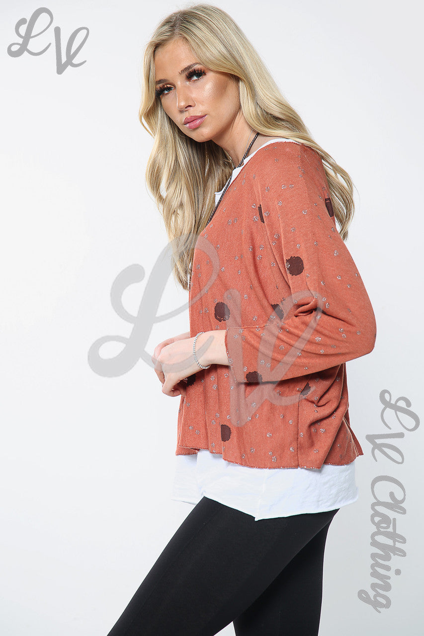 Dames top met dubbele laag, stippenprint en halsketting roest Eenheidsprijs € 11,99