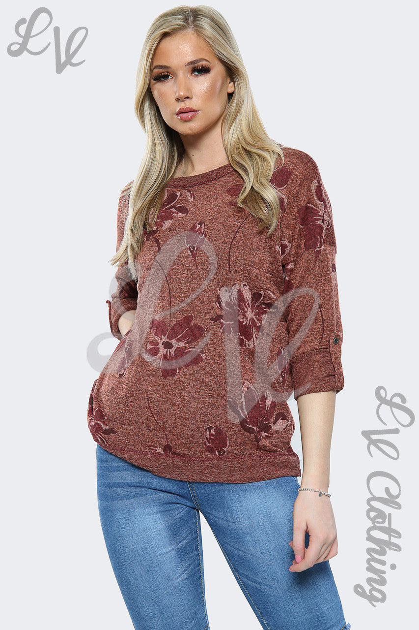 Ladies Marl Floral Print SweatShirt Top Rust - Unit Price £10.99
