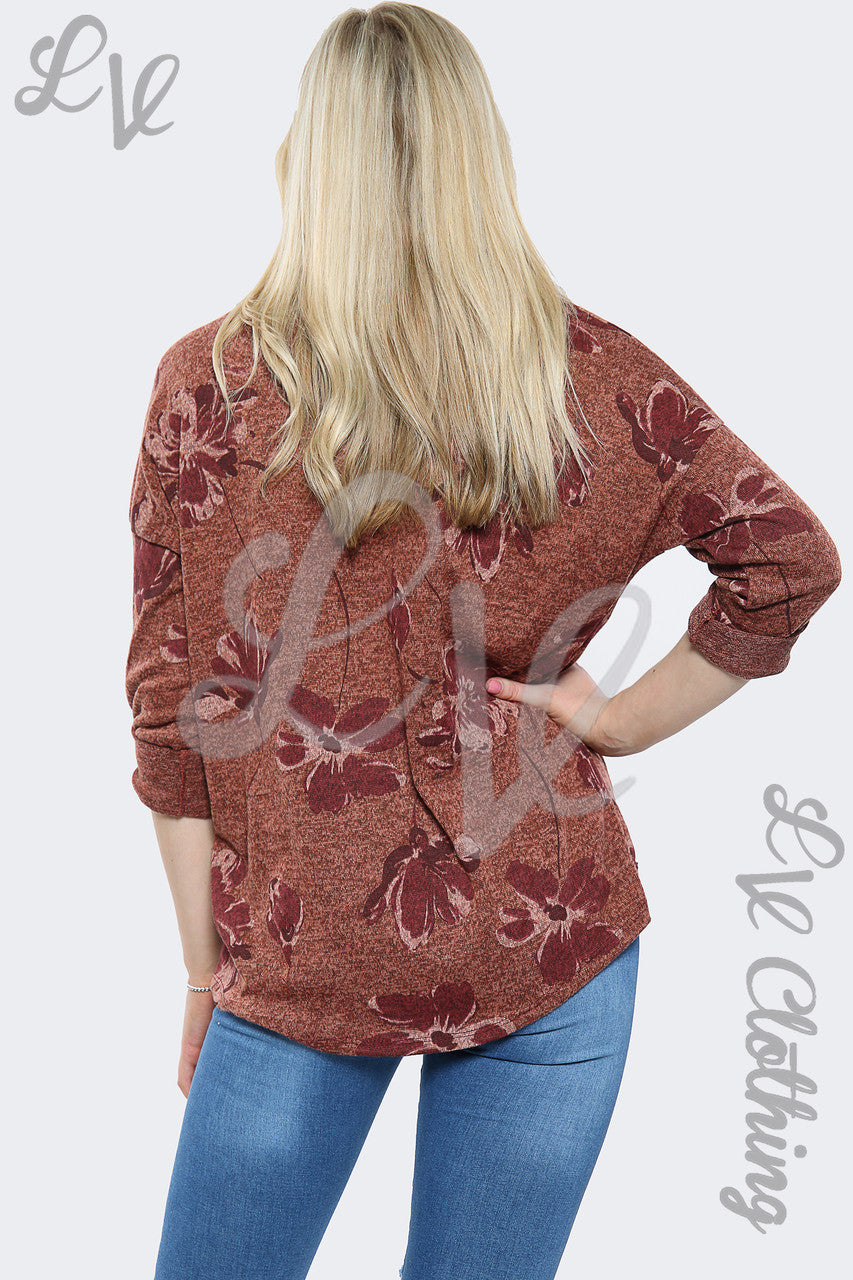 Ladies Marl Floral Print SweatShirt Top Rust - Unit Price £10.99