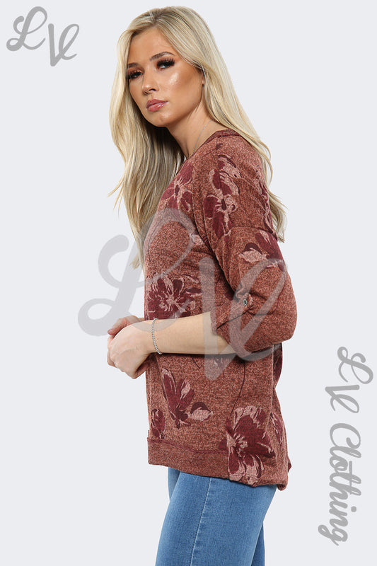 Rust marl sweatshirt top with dark floral print, crew neck, long sleeves, relaxed fit