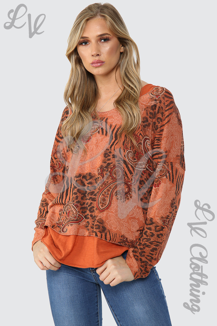 Ladies Mix Print 2-Layer Top Rust - Unit Price £11.99