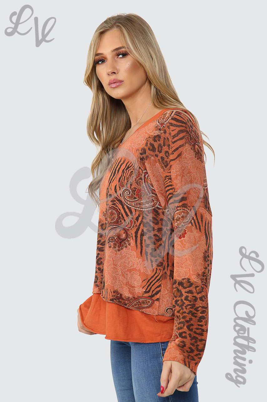 Ladies Mix Print 2-Layer Top Rust - Unit Price £11.99