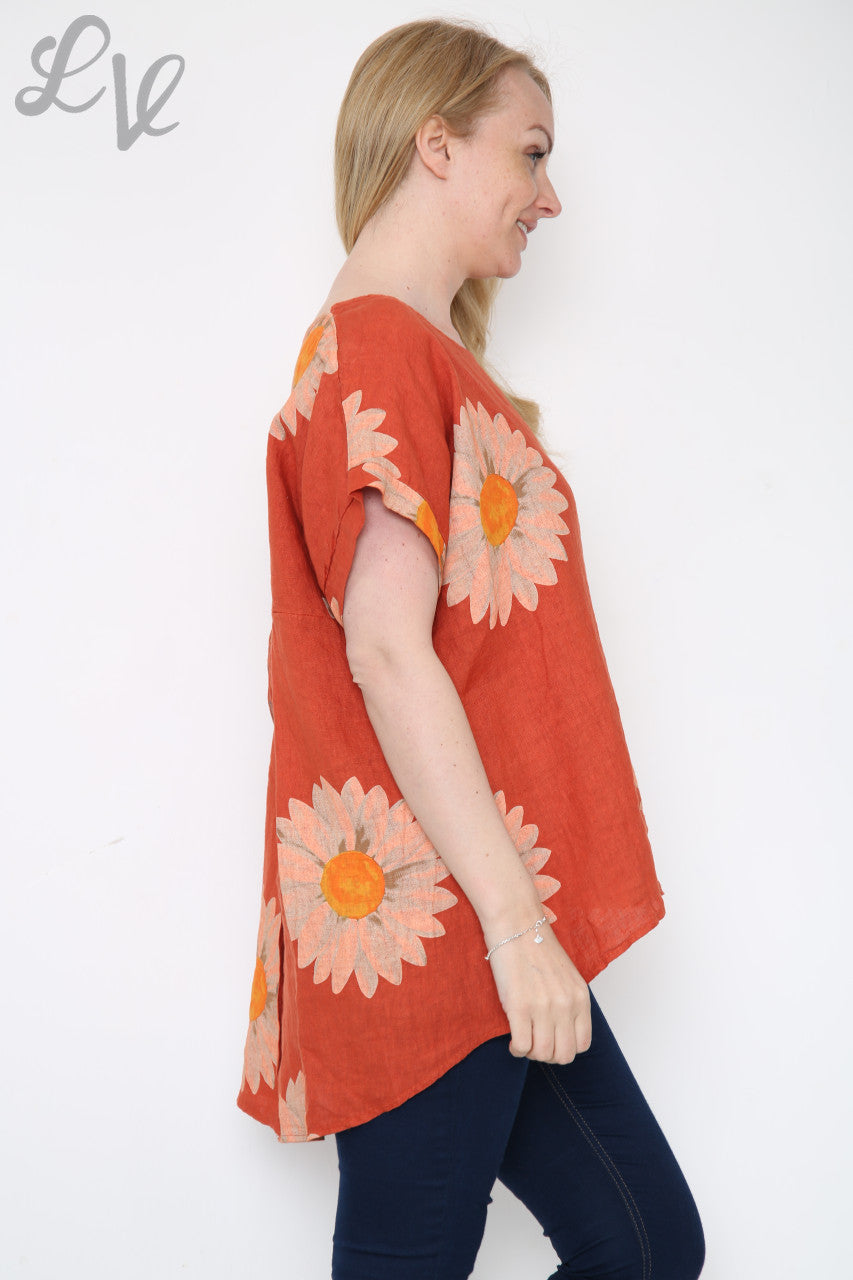 Dames Top met Madeliefjes en Knopen Achterkant Roest Eenheidsprijs €10,99