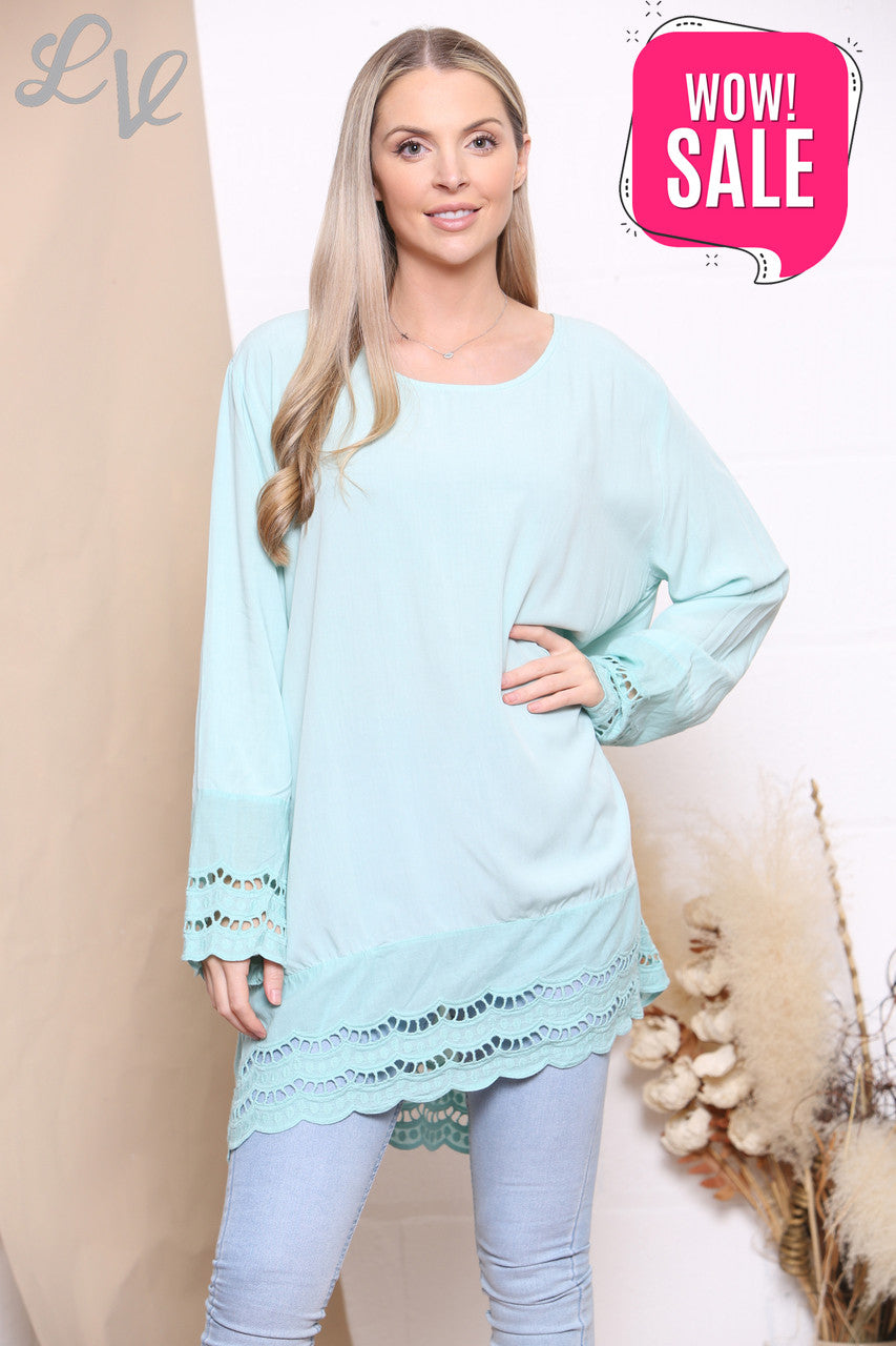 Ladies Lace Hem Bottom & Sleeves Top Sky Blue