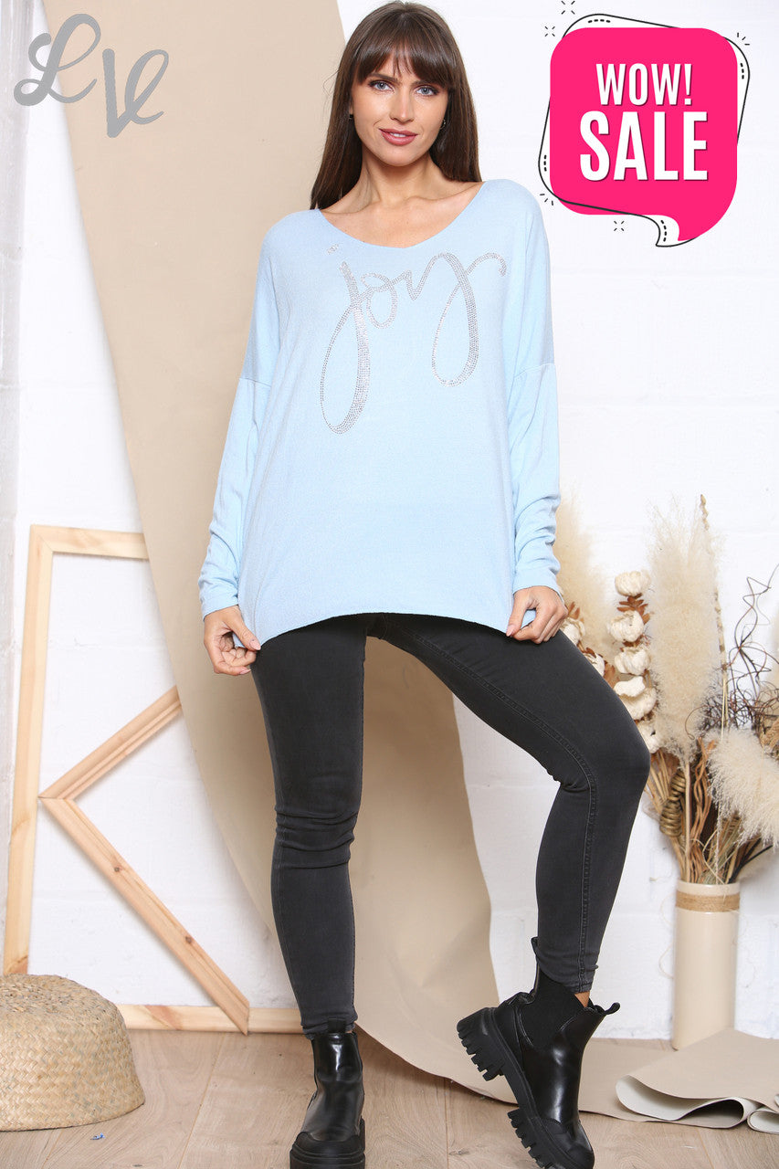 Ladies Sequin Joy Script Fine Knit Jumper Top Sky Blue