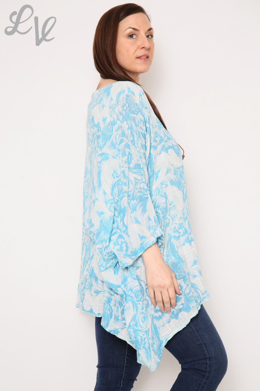 Dames Barokprint Batwing Top Hemelsblauw Stukprijs € 12,99