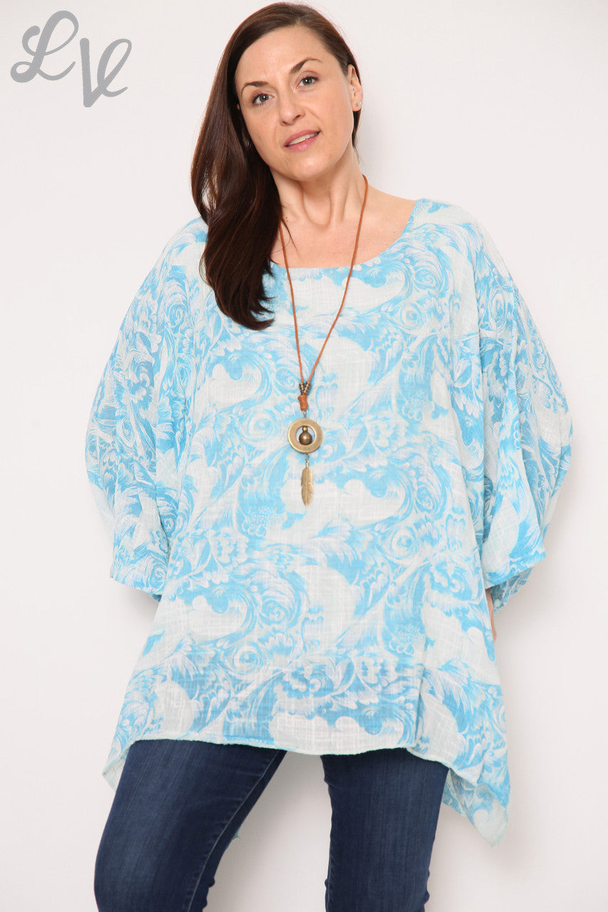 Dames Barokprint Batwing Top Hemelsblauw Stukprijs € 12,99