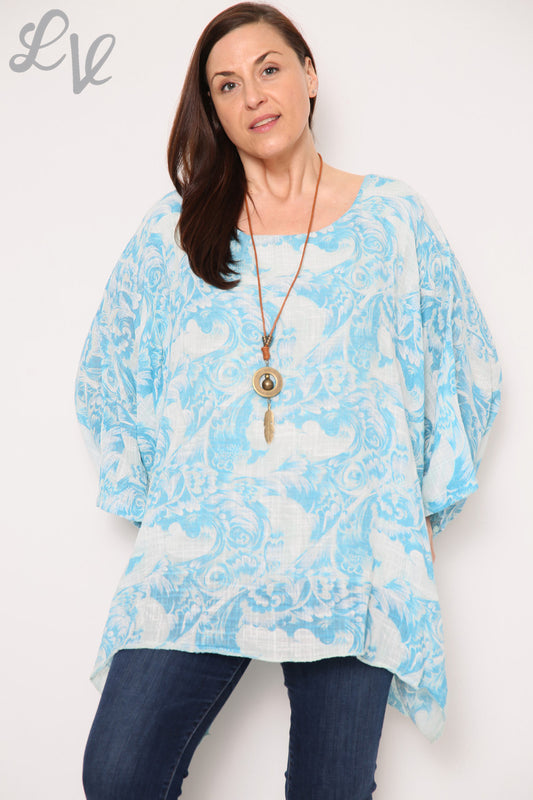 Ladies Baroque Print Batwing Top Sky Blue Unit Price £12.99