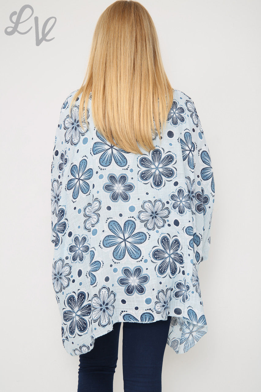 Ladies Flowers Print Batwing Top Sky Blue