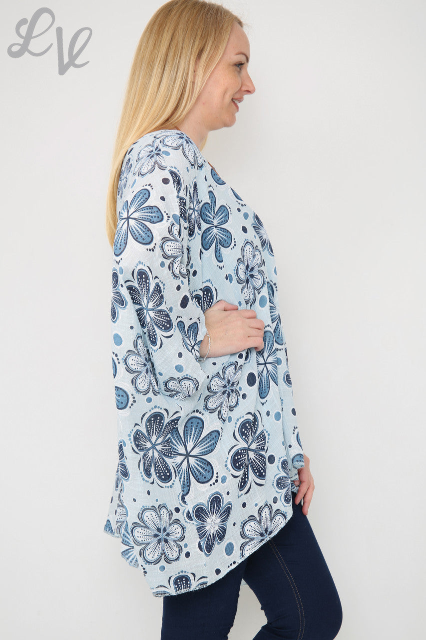 Ladies Flowers Print Batwing Top Sky Blue