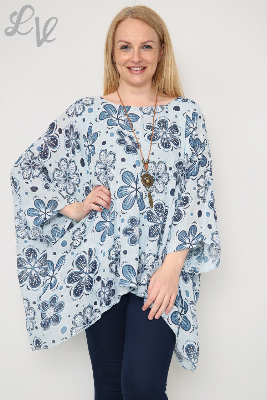 Ladies Flowers Print Batwing Top Sky Blue