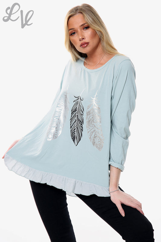 Ladies Feather Print Graphic Top Sage Green Unit Price £10.99
