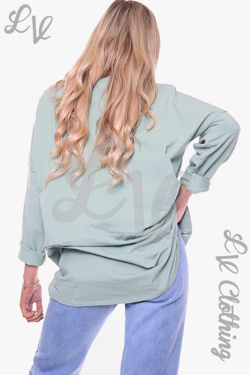 Dames effen sweatshirt met ritssluiting saliegroen eenheidsprijs € 12,99 NU € 6,49