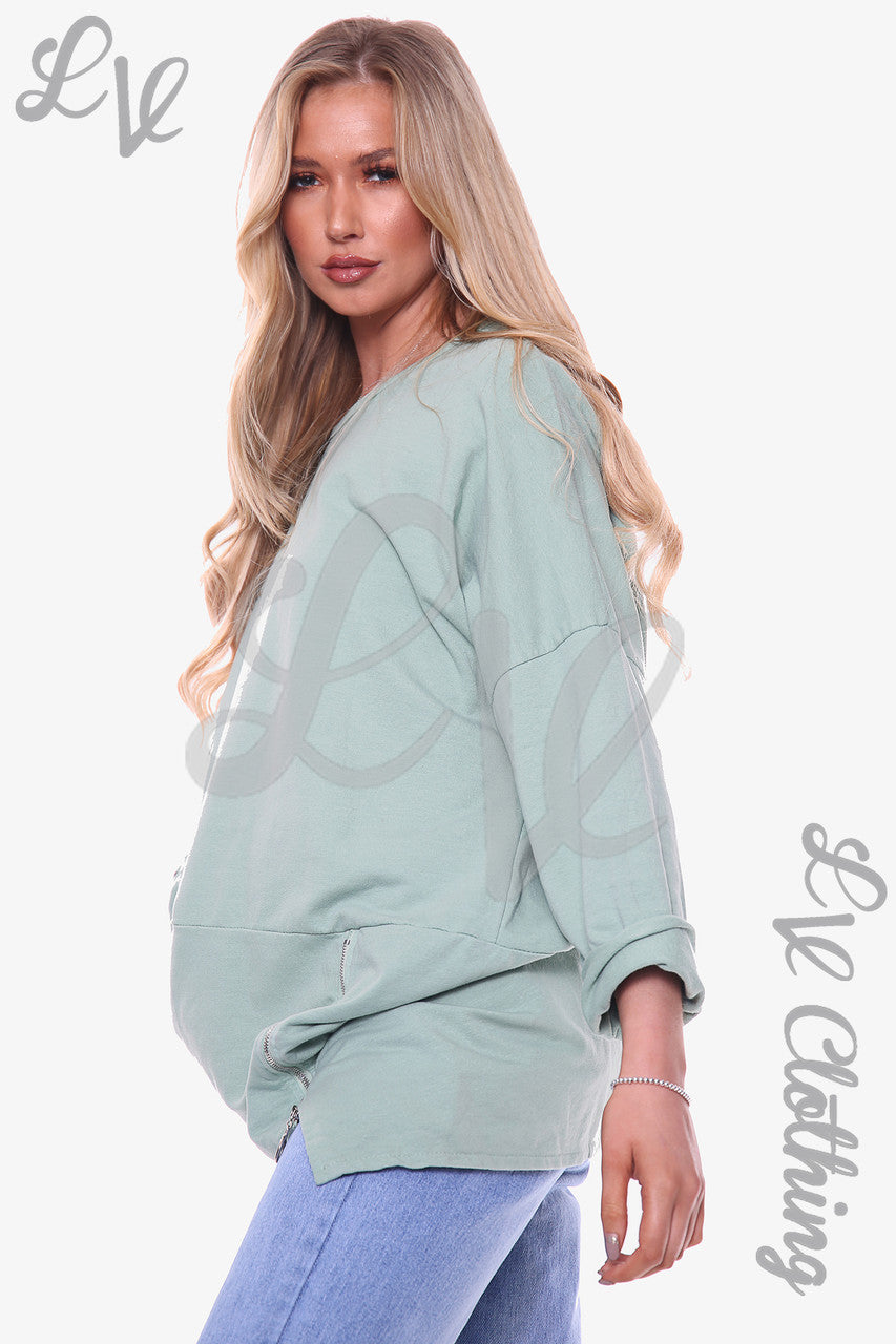 Dames effen sweatshirt met ritssluiting saliegroen eenheidsprijs € 12,99 NU € 6,49