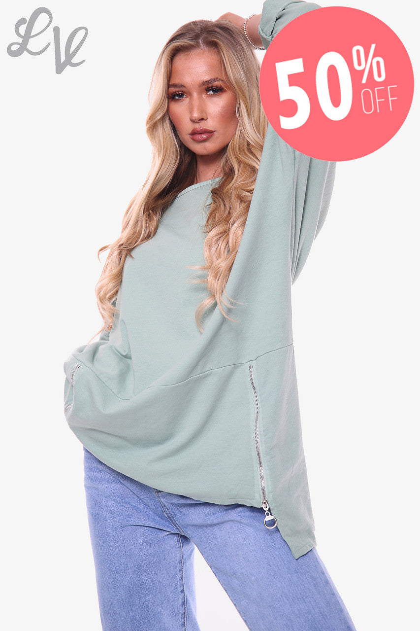 Dames effen sweatshirt met ritssluiting saliegroen eenheidsprijs € 12,99 NU € 6,49