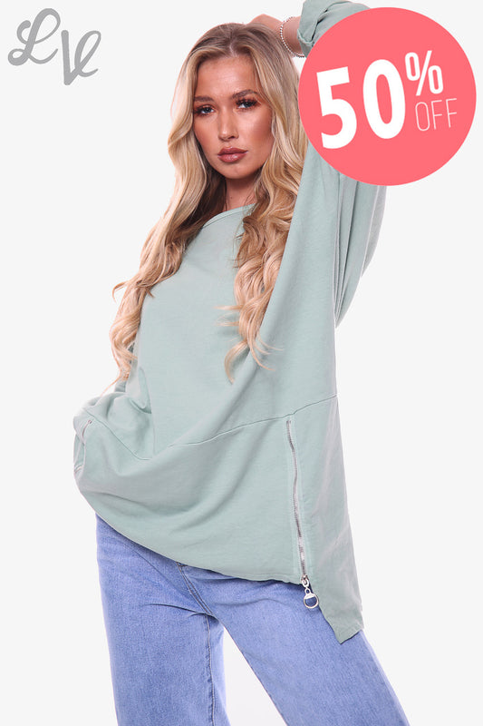 Ladies Plain Sweatshirt With Zip Detail Sage Green Unit Price £12.99 NOW £6.49