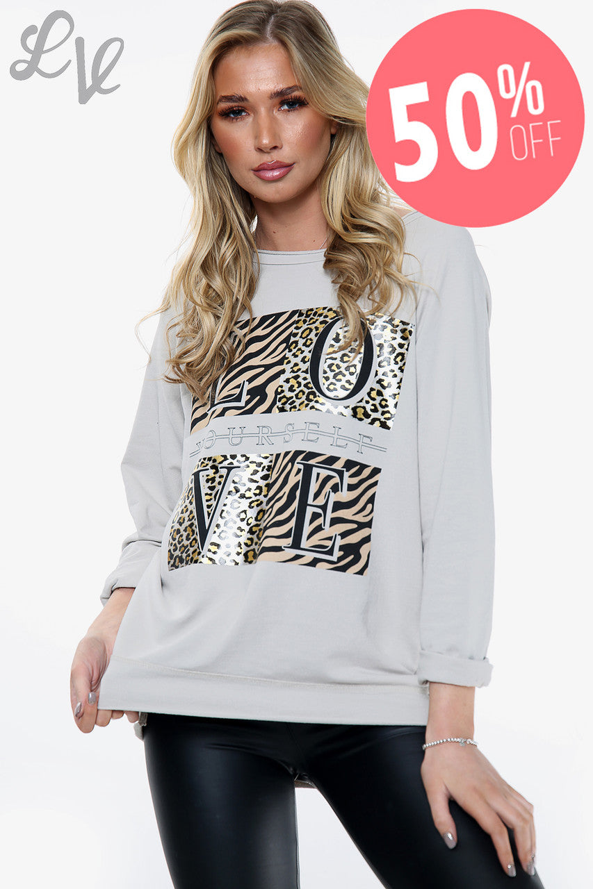 Ladies 'Love yourself' Graphic Top Stone Unit Price WAS £11.99 NOW £5.99
