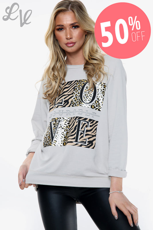 Ladies 'Love yourself' Graphic Top Stone Unit Price WAS £11.99 NOW £5.99