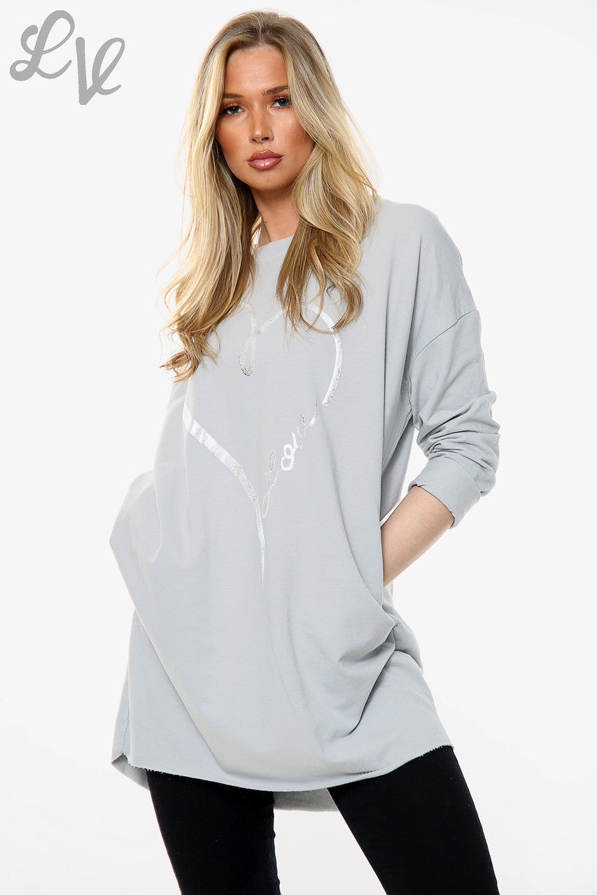 Dames Folie Hart Liefde Graphic Sweatshirt Top Zilver Stukprijs € 12,99