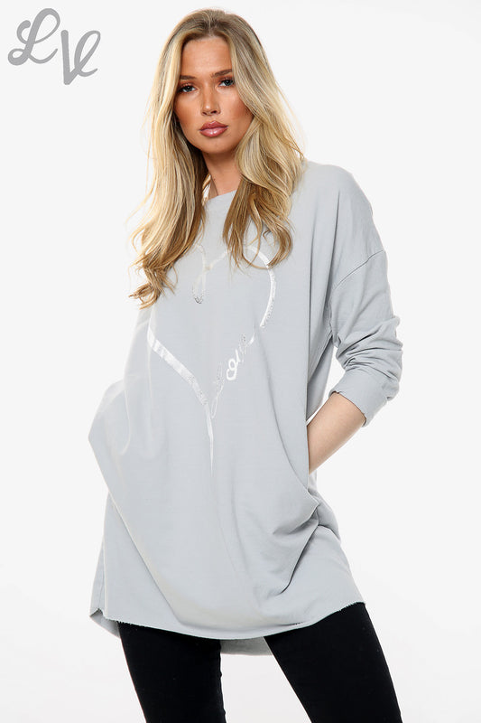 Ladies Foil Heart Love Graphic Sweatshirt Top Silver Unit Price £12.99