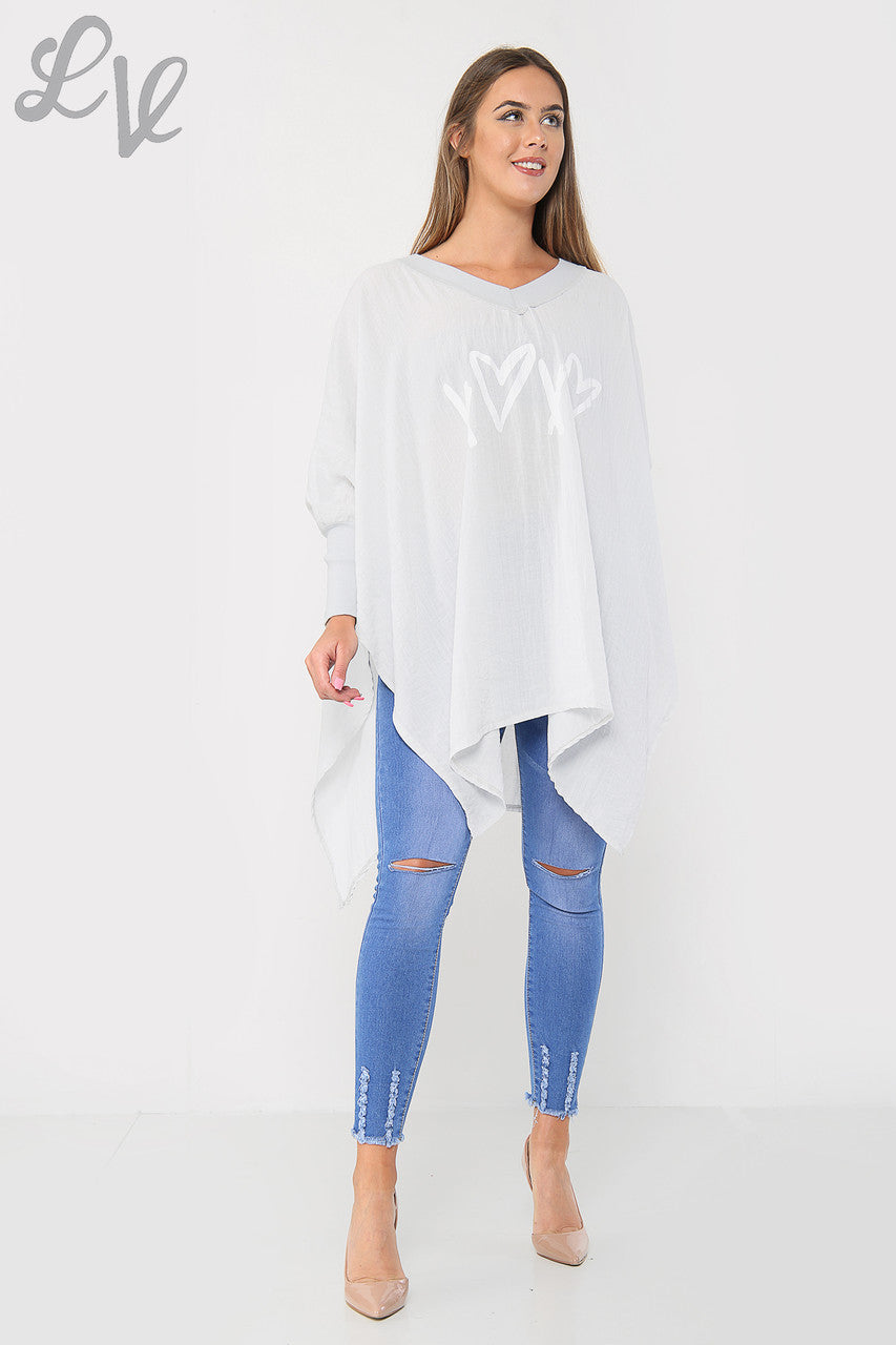 Dames Liefde Hart & Kruis Grafisch Vleermuismouw Top Zilver - Prijs per eenheid € 9,99