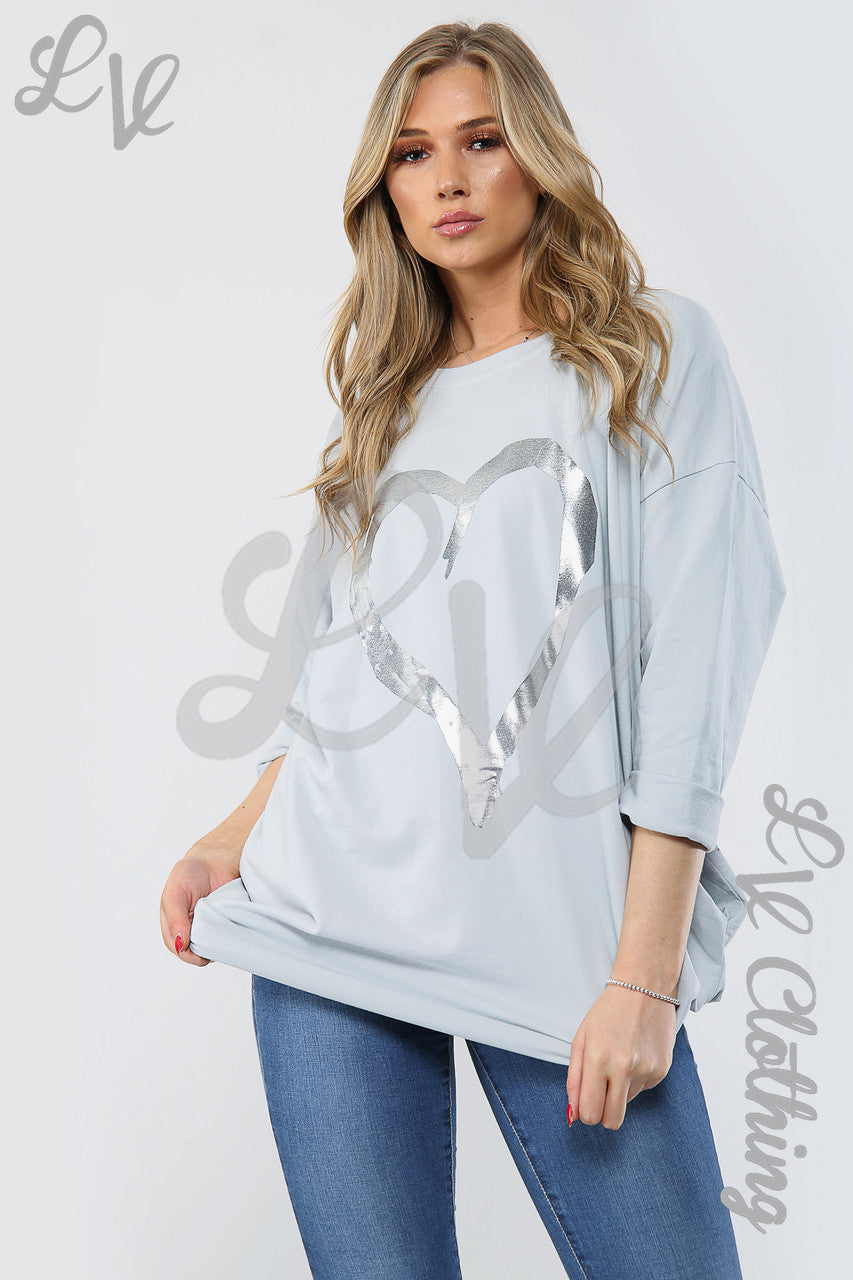 Ladies Foil Heart Graphic Tunic Top Silver - Unit Price £13.99