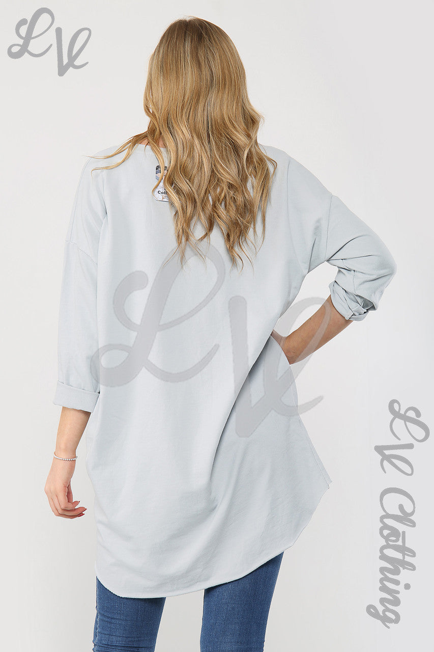 Ladies Foil Heart Graphic Tunic Top Silver - Unit Price £13.99