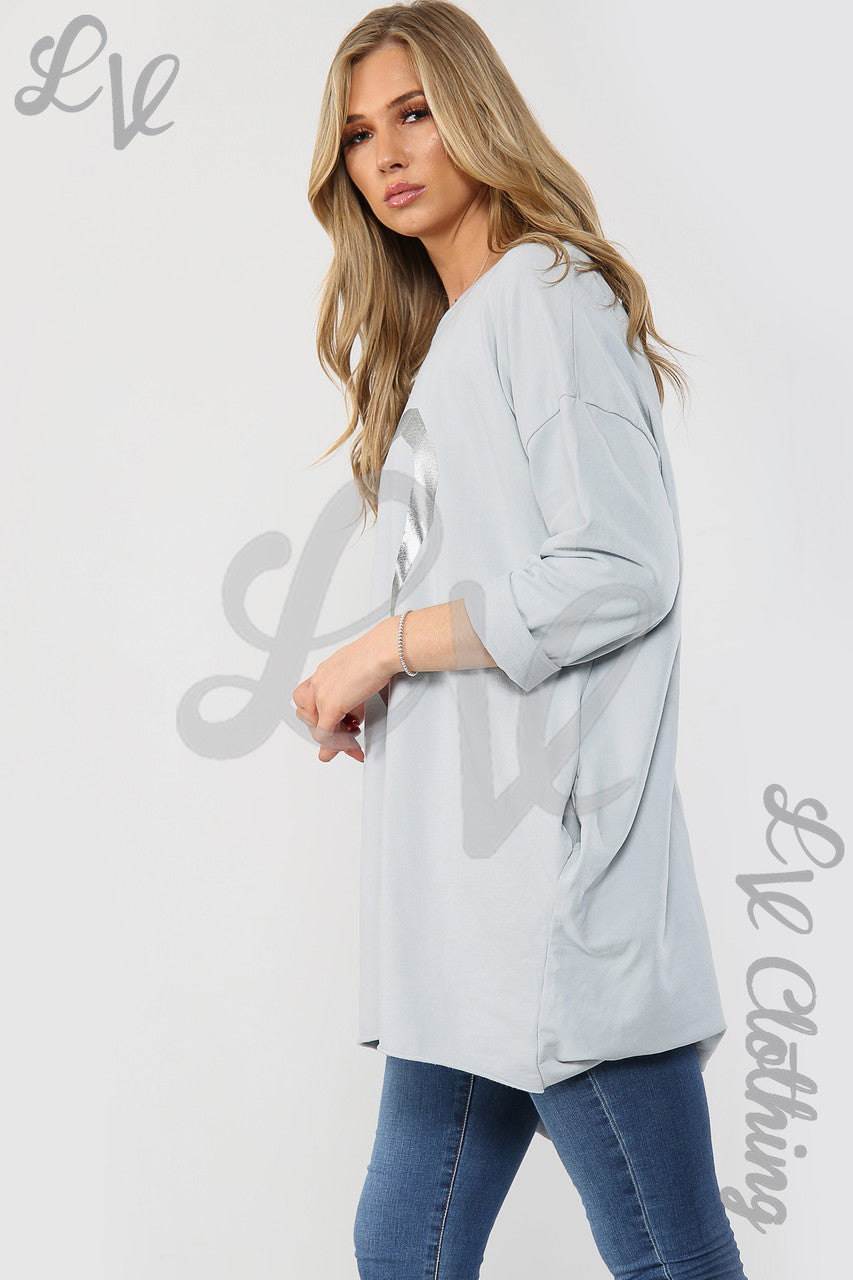 Ladies Foil Heart Graphic Tunic Top Silver - Unit Price £13.99