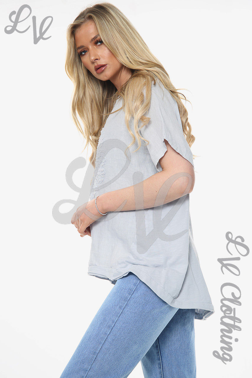 Dames Linnen Top Met Bloemenapplique Zilver Stukprijs €12,99