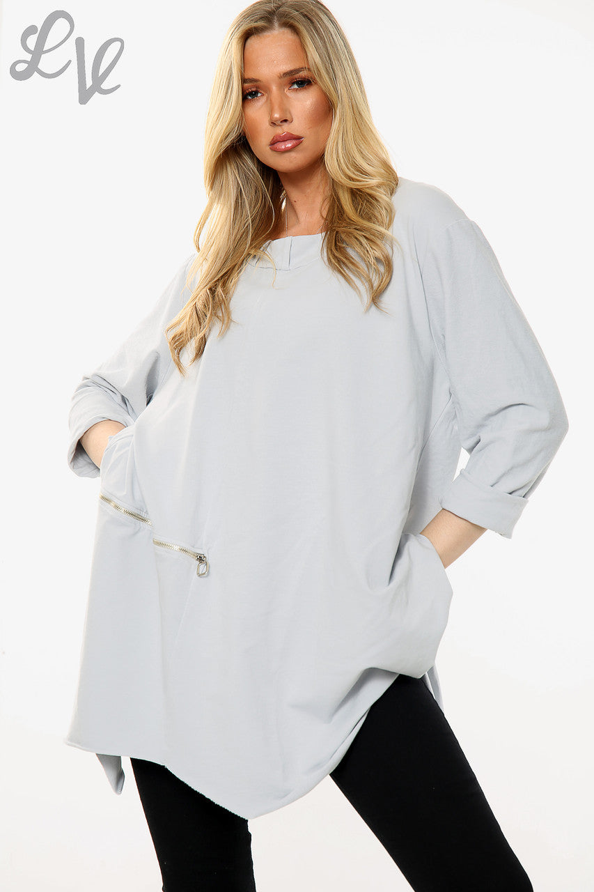 Dames sweatshirt met gedrapeerde zoom en ritsdetail zilver stukprijs € 15,99