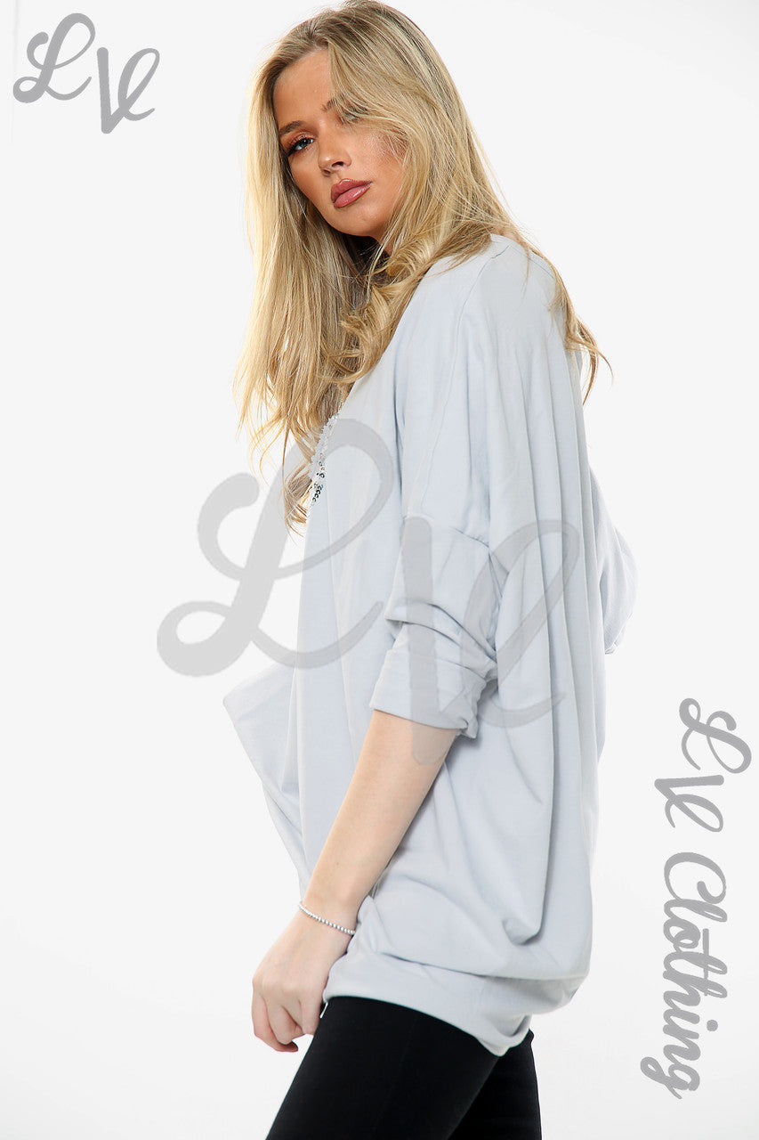 Damesapplicatie Ruffle Folie Hart Sweatshirt Top Zilver Stukprijs € 15,99