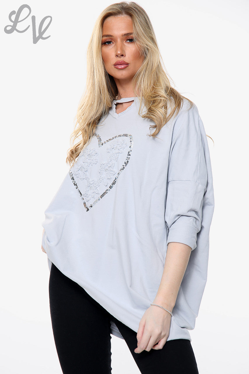Damesapplicatie Ruffle Folie Hart Sweatshirt Top Zilver Stukprijs € 15,99