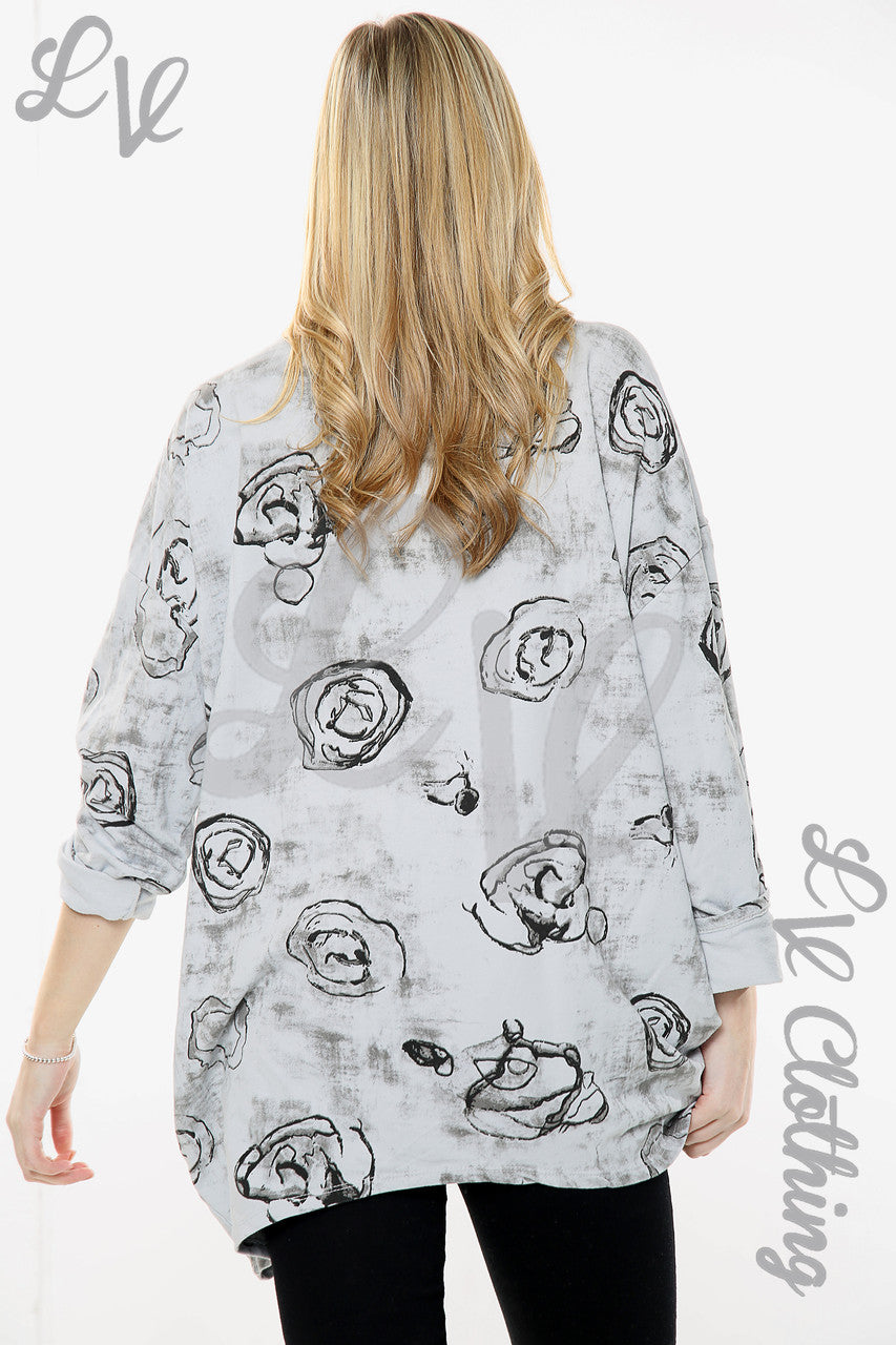 Dames sweatshirt met rozenprint en schetsmotief, zilver, per stuk £11,99