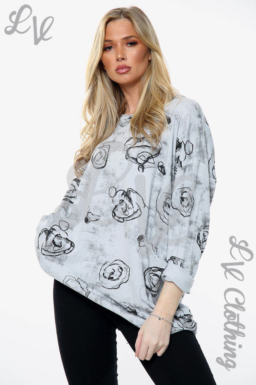 Dames sweatshirt met rozenprint en schetsmotief, zilver, per stuk £11,99