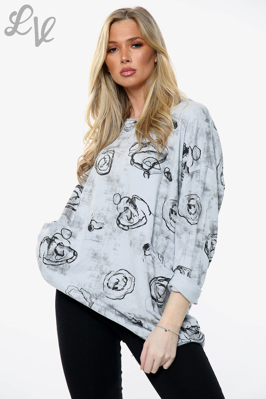 Dames sweatshirt met rozenprint en schetsmotief, zilver, per stuk £11,99
