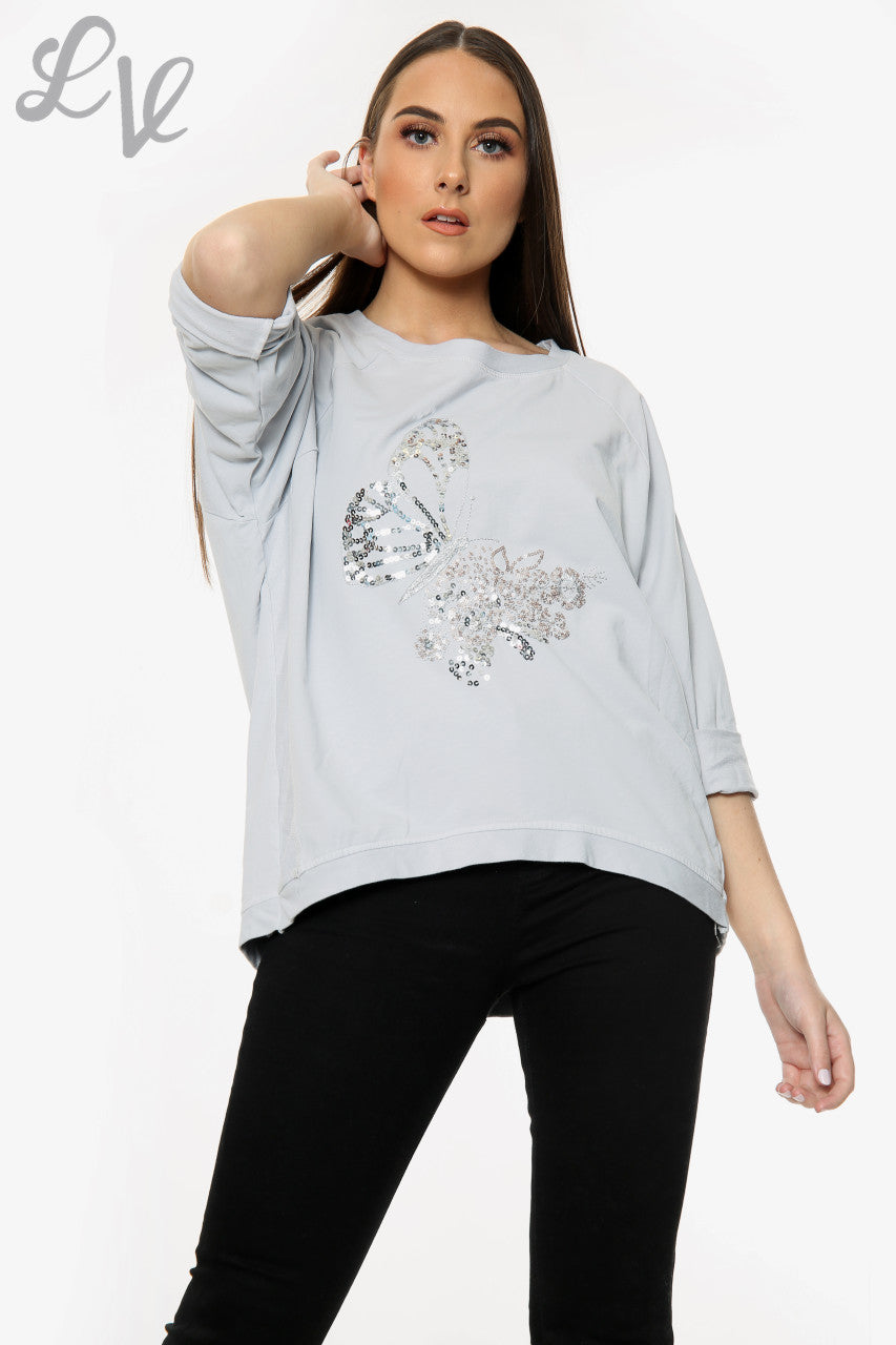 Ladies Sequin Butterfly Detail Top Silver Unit Price WAS £13.99 NOW £6.99