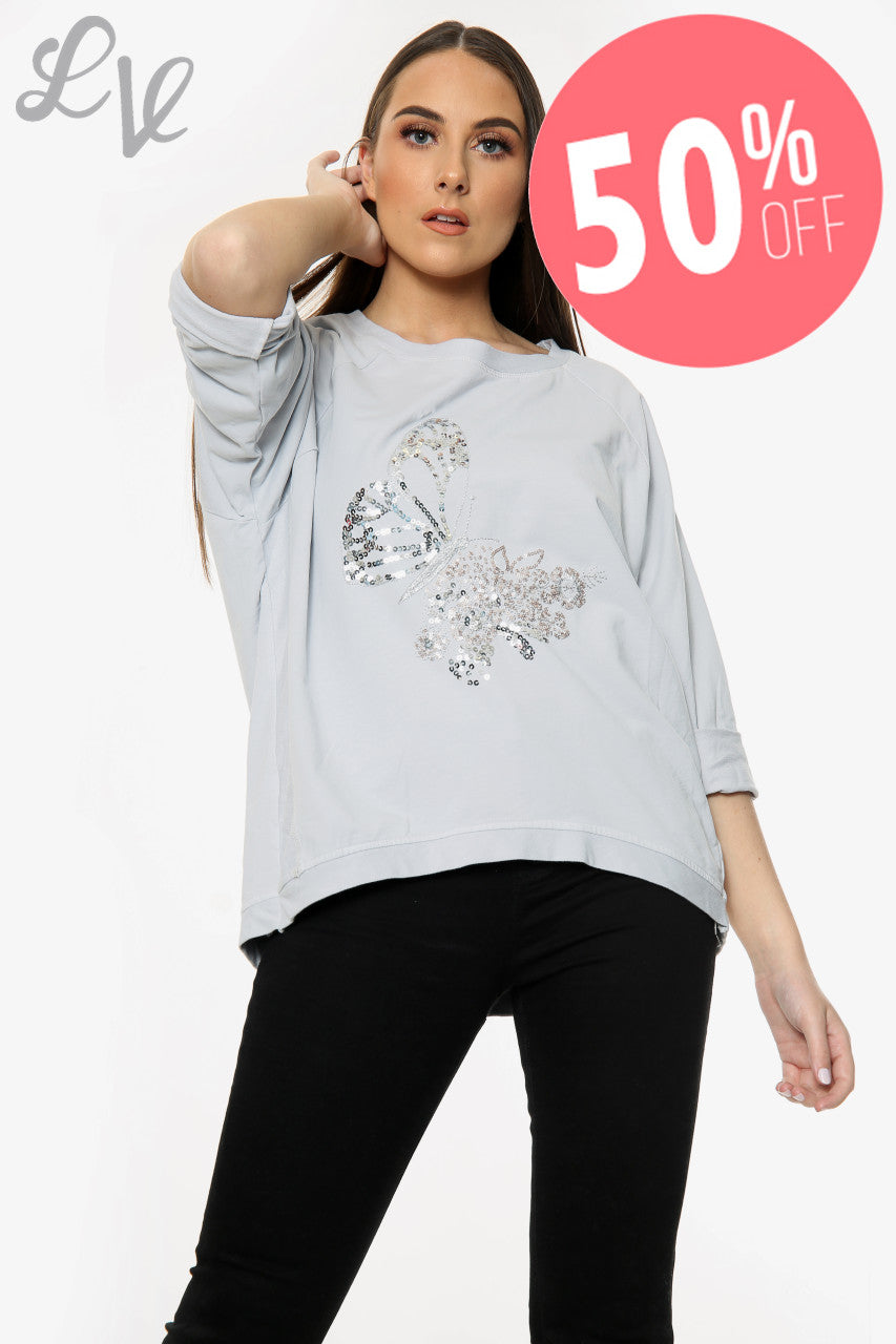 Ladies Sequin Butterfly Detail Top Silver Unit Price WAS £13.99 NOW £6.99