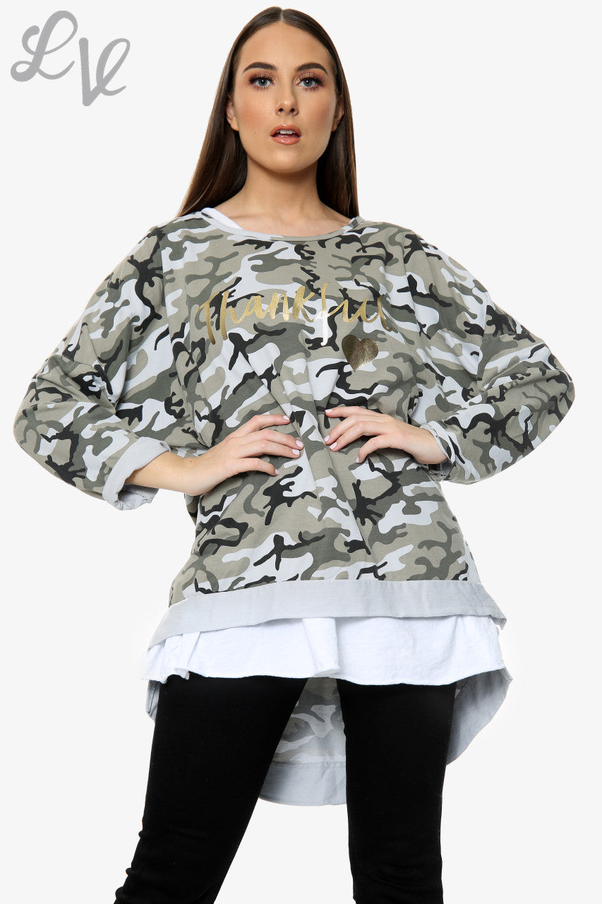 Ladies Thankful Script Camouflage Sweatshirt Silver Unit Price WAS £13.99 NOW £6.99