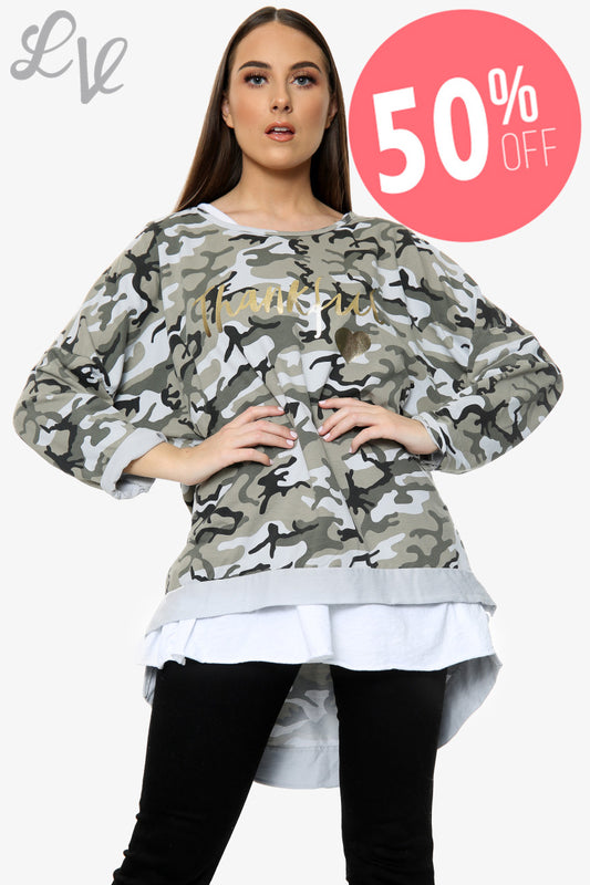 Ladies Thankful Script Camouflage Sweatshirt Silver Unit Price WAS £13.99 NOW £6.99