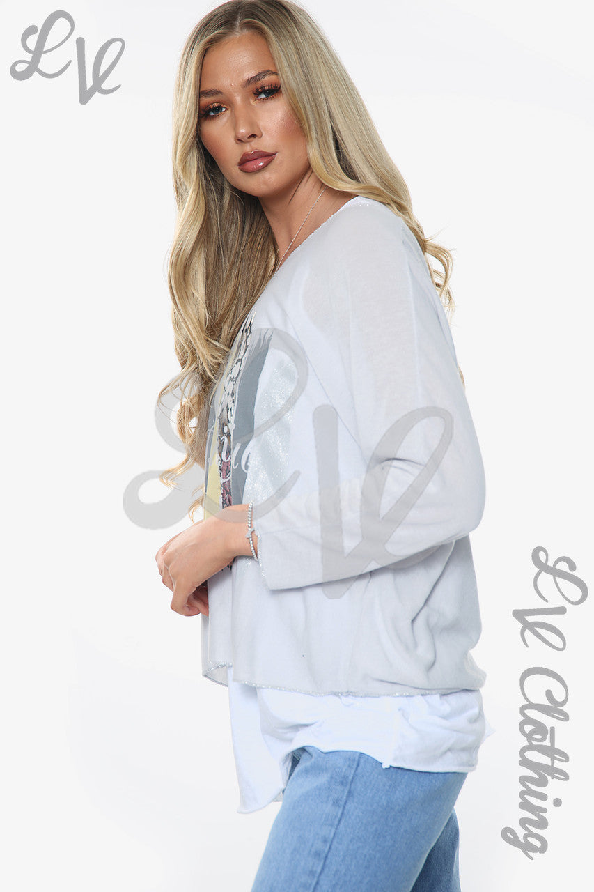 Dames Mooie Slogan 2-laags Top Zilver Stuksprijs WAS £13,99 NU £6,99