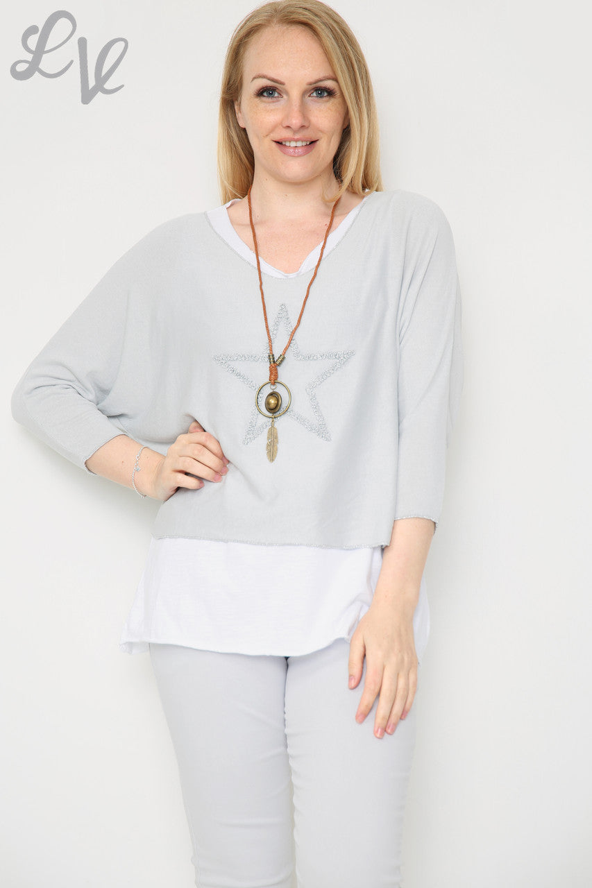 Ladies Glitter Star 2 Layer Top With Necklace Silver Unit Price £8.99