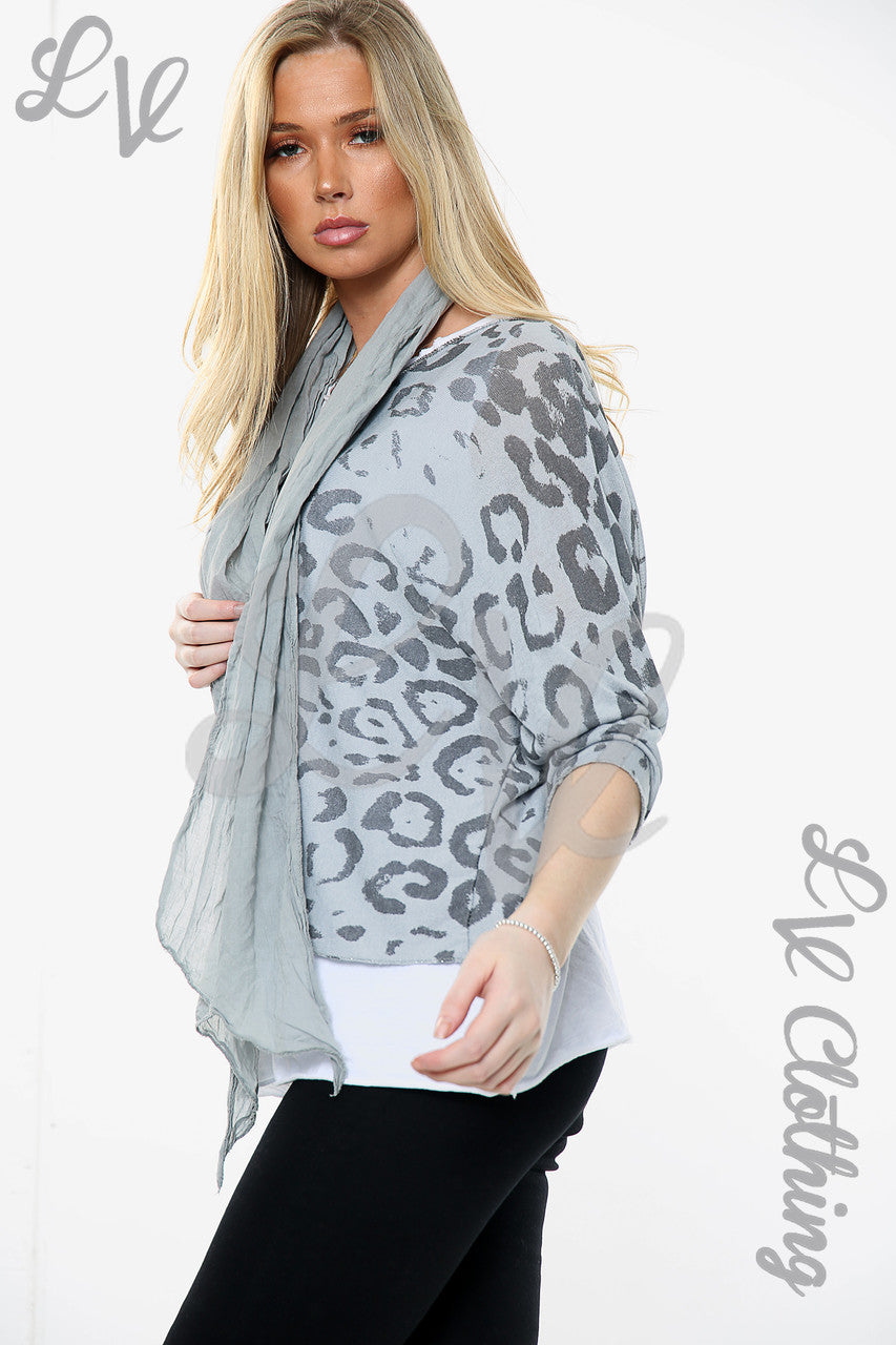 Dames Leopardprint Top Met 2 Lagen En Bijpassende Sjaal Zilverstukprijs WAS £13,99 NU £6,99