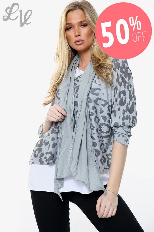 Ladies Leopard Print 2 Layer Top With Matching Scarf Silver Unit Price WAS £13.99 NOW £6.99