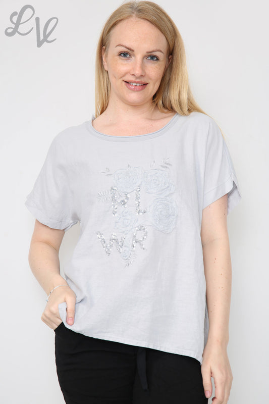 Ladies Flower Sequin & Applique Top Silver Unit Price £8.99