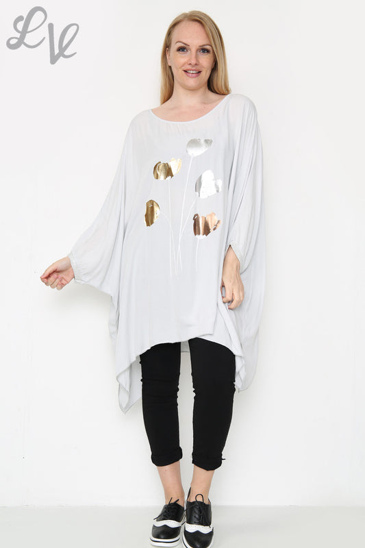 Ladies Foil Tulip Print Floaty Top Silver Unit Price £11.99
