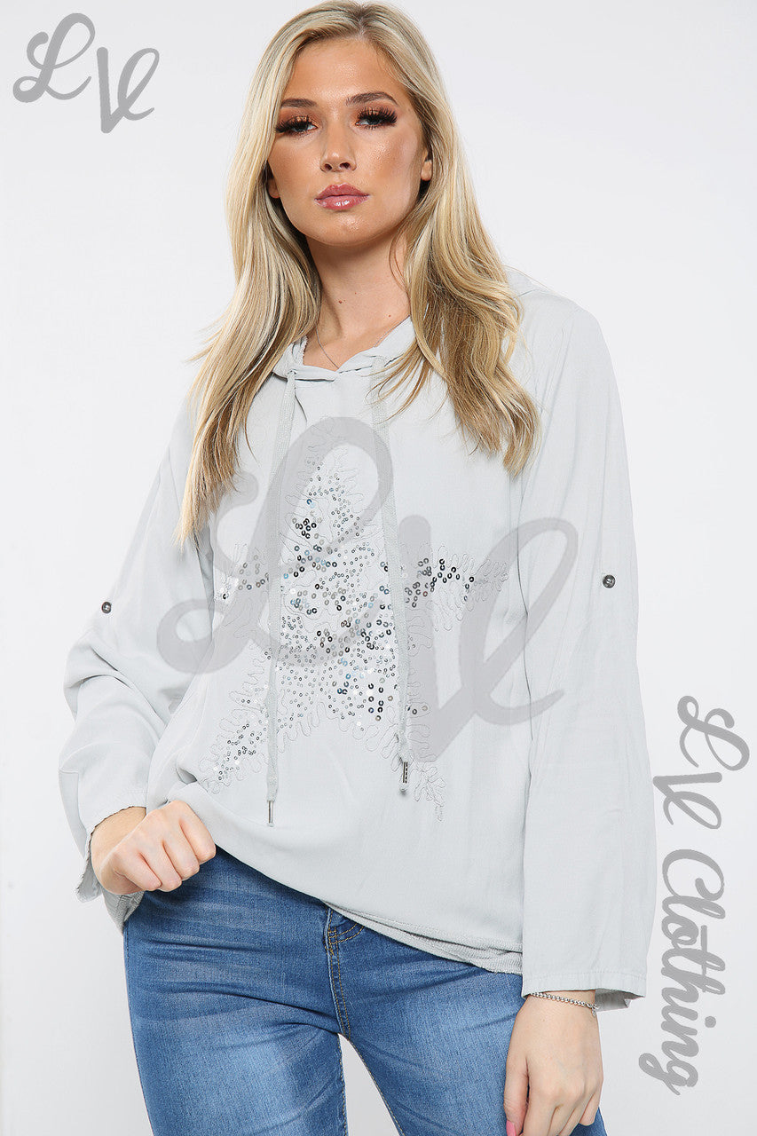 Dames sweatshirt met capuchon en pailletten ster zilver - Prijs per eenheid € 15,99