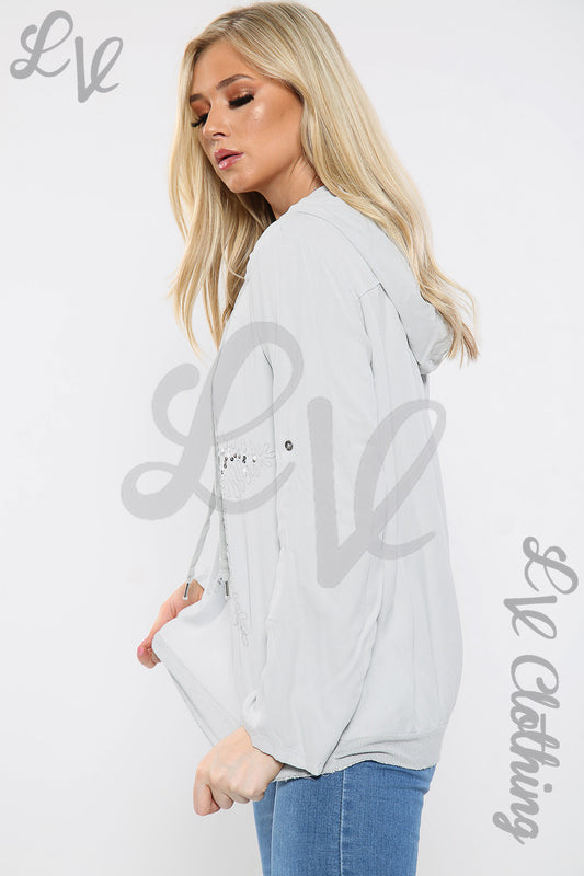 Silver sequin star hooded sweatshirt top with long sleeves and pouch pocket